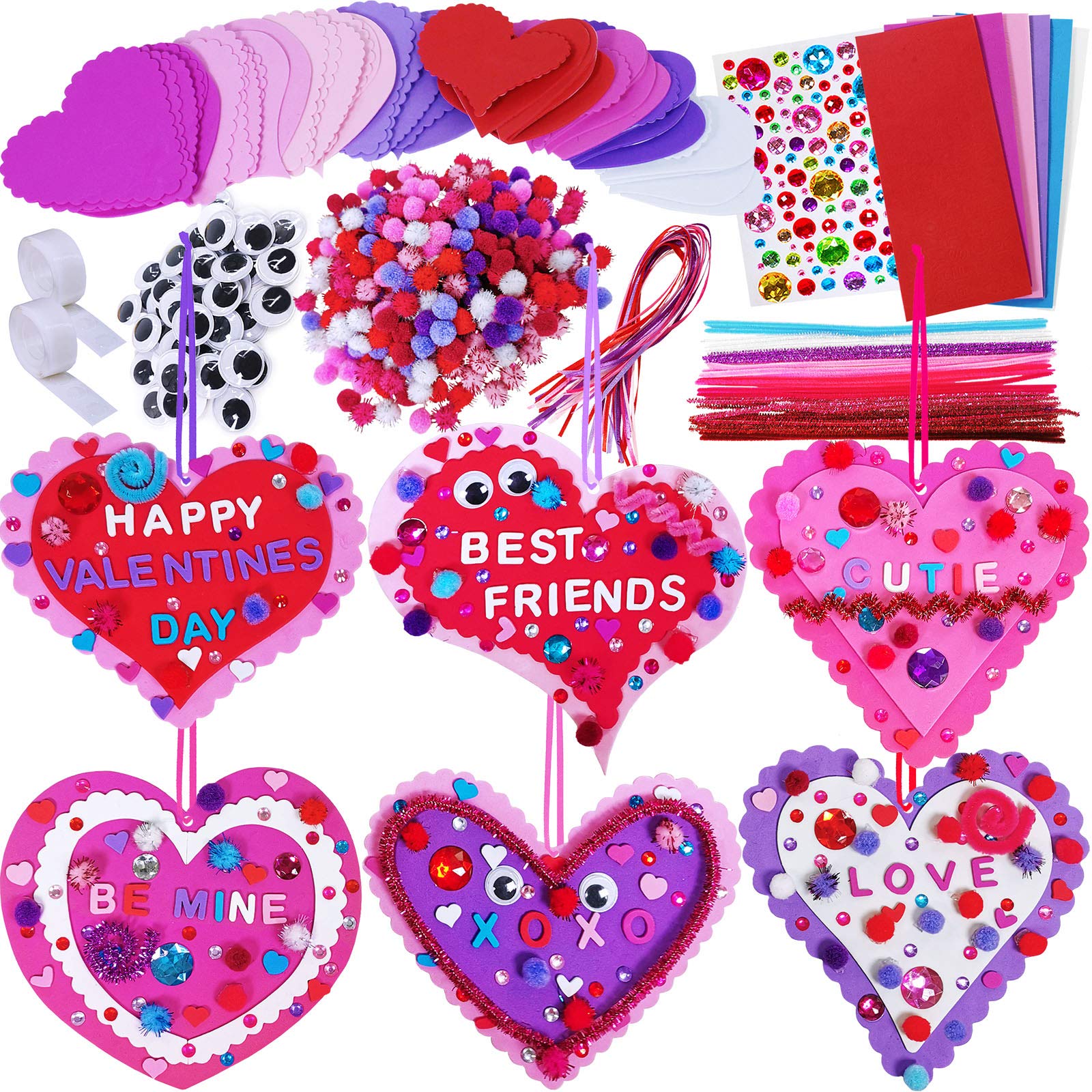 Winlyn 24 Sets Valentines Day Heart Ornaments Decorations DIY Foam Heart Valentine Craft Kits Assorted Foam Heart Shapes Sticke