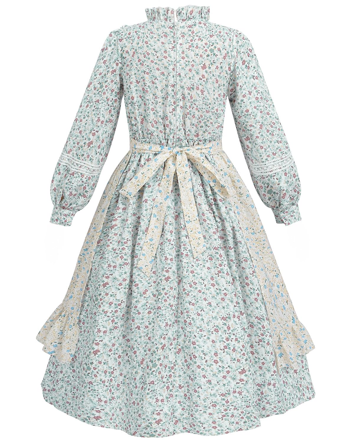 FCCAM Prairie Colonial Dress Girls Long Sleeve Pioneer Dress Costume Floral Pioneer Girl Laura Ingalls Wilder Green S