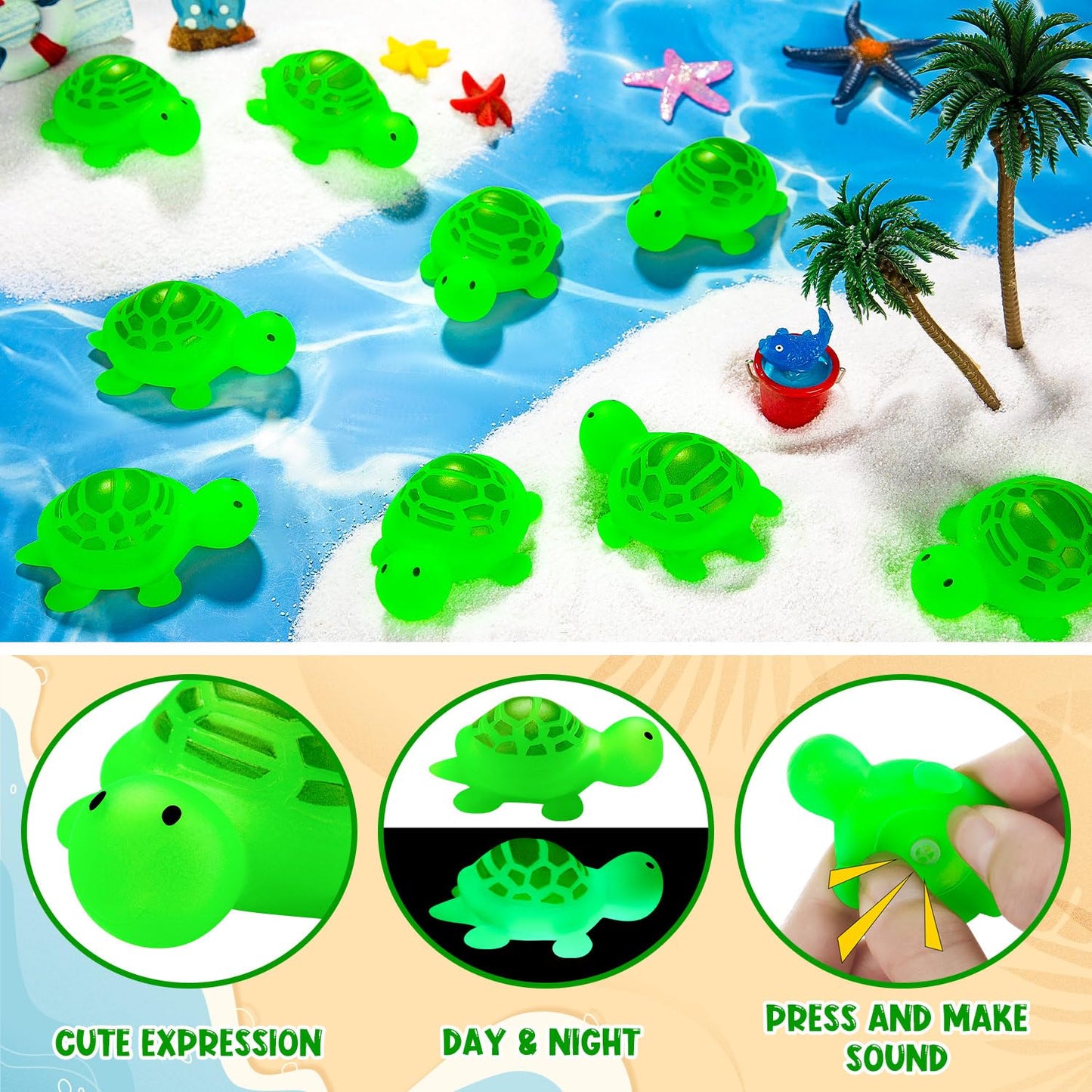 25Pcs Rubber Turtle Bath Toys Glow In The Dark Green Floating Squeaky Sea Turtle Rubbe Toys, Cute Screaming Sound Rubber Turtle