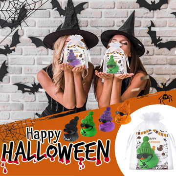50 Pcs Halloween Rubber Duck for Bath Pool 2 Inch Boo Spooky Orange Purple Trick or Treat Sunglass Bath Duck 50 Card 50 Organza