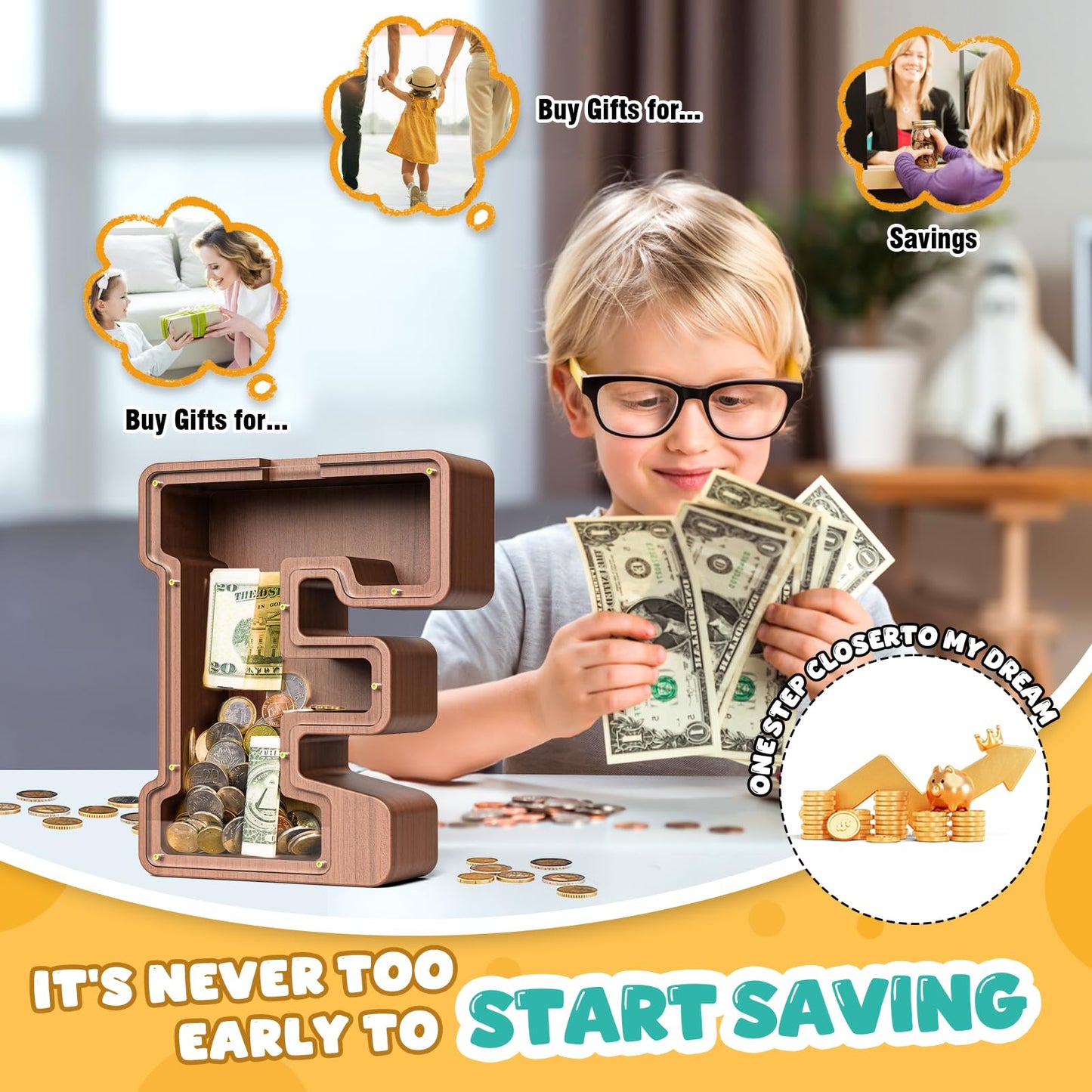 Summidate Wooden Letter Piggy Bank  Extra Thick Large Capacity Piggy Bank for Kids Boys Girls Toddler  Alphabet F Money Bank| Coin Box Birthday  Christmas  Festival