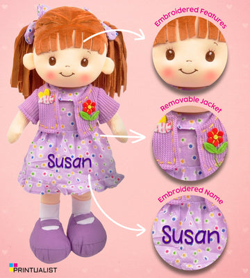 Personalized Rag Dolls for Girls - Custom 16 Inches Soft Plush Snuggle Baby Doll for Toddlers Stuffed Toys - Muecas de Trapo Personalizadas para Nias - Ginger Hair Purple Dress with Cardigan