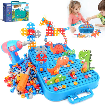Fiveisix 298Pcs Dinosaur Toy Magic Montessori Play Toolbox for Kids, 2D/3D Creativity Tool Box with Drill, Design and Drill Mont