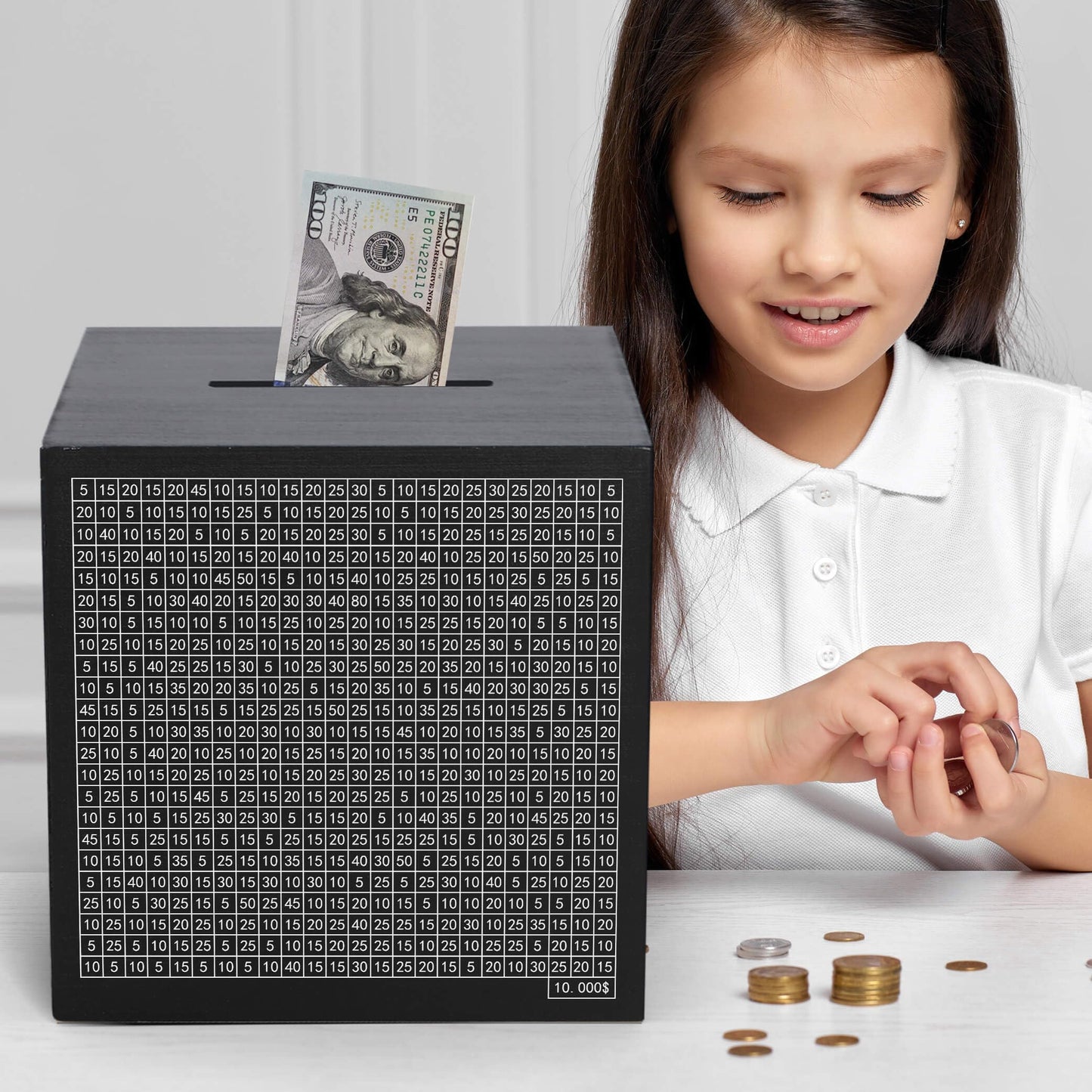 Hchangen Wooden Savings Challenge Box For Adults Kids, Wood Coin Piggy Bnak, Must Break To Open Money Box With Counter (Black, 7