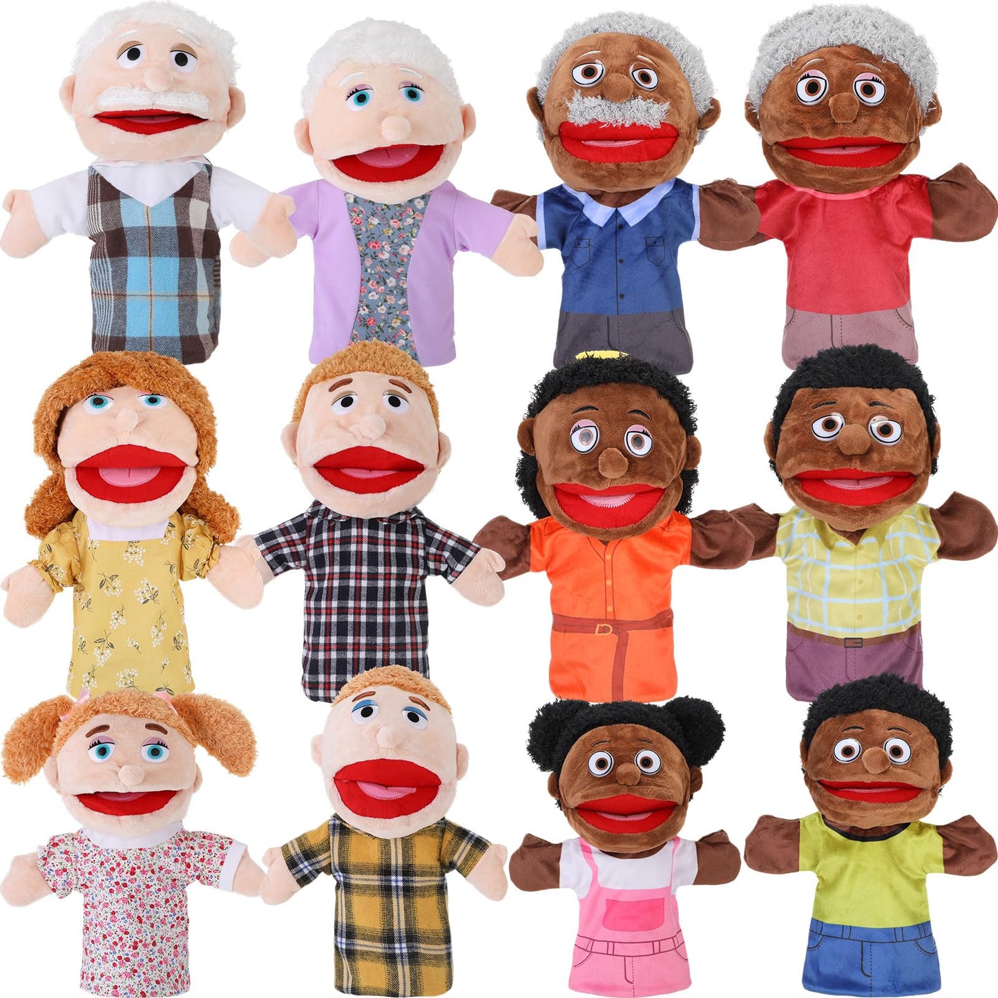 Shappy 12 Pcs Family Hand Puppets 12 Inch Grandparents, Mom & Dad, Brother & Sister, Son Daughter Plush Hand Puppet Toys Role-Pl