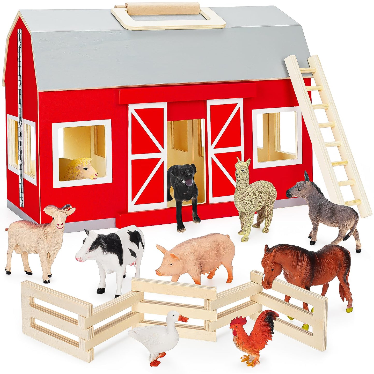 Gmaophy Farm Animals Toys For 3+ Year Old Toddlers Girls Boys, Big Wooden Barn Farm With Figures Animals Toy For Kids, Farm Playset Educational Learning Toys, Ideal Christmas Birthday Gifts