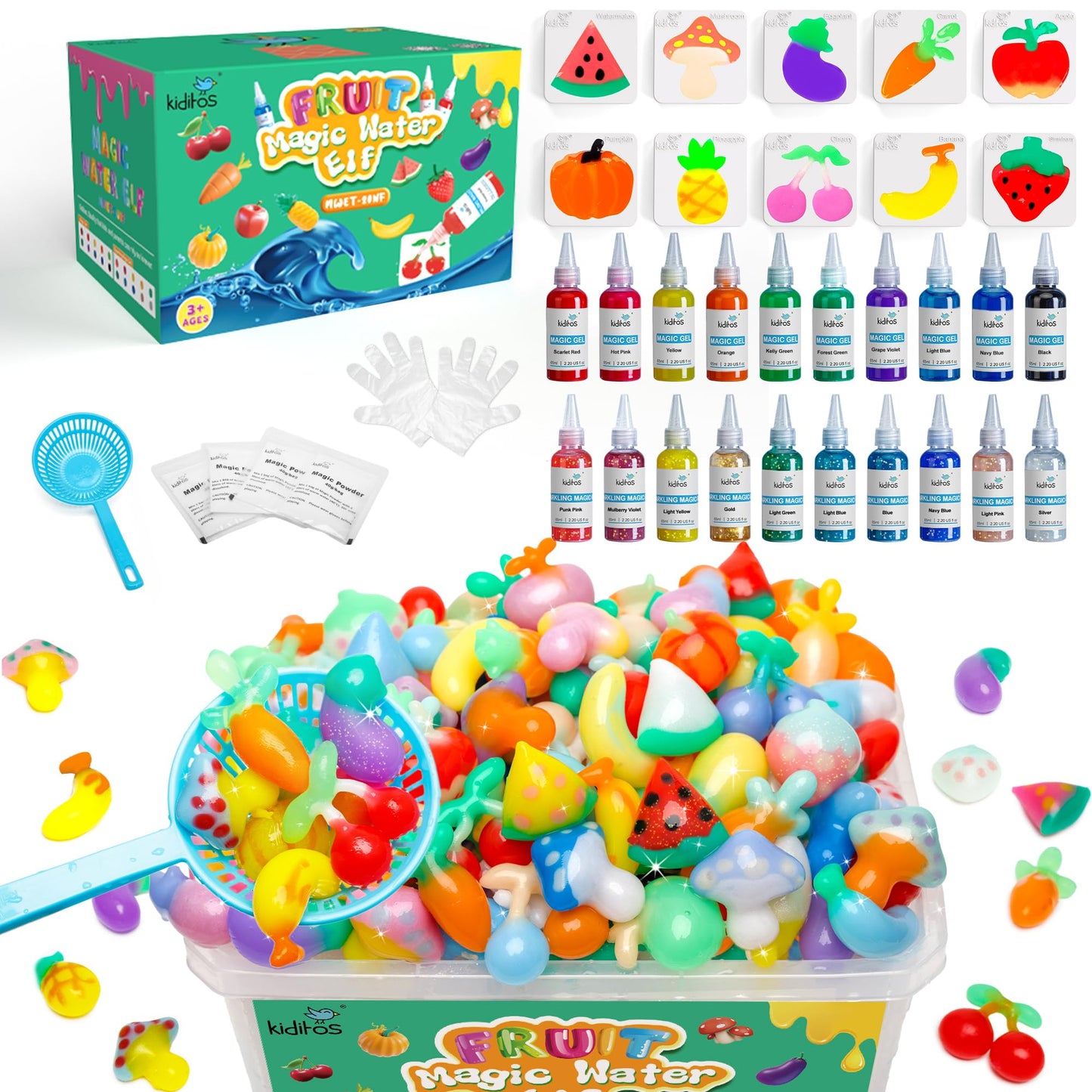 Magic Water Elf Toy Kit, Aqua Fairy Water Gel Kit With 20 Magic Gels, 10 Fruit & Vegetable Molds. Christmas Gifts, Birthday Gifts, Party Favors, Arts & Crafts Diy Stem For Kids (20 Colors)