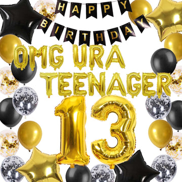 Official Teenager 13Th Birthday Decorations Black Gold For Boys, Omg Ur A Teenager Balloons Birthday Banner Number 13 Birthday F