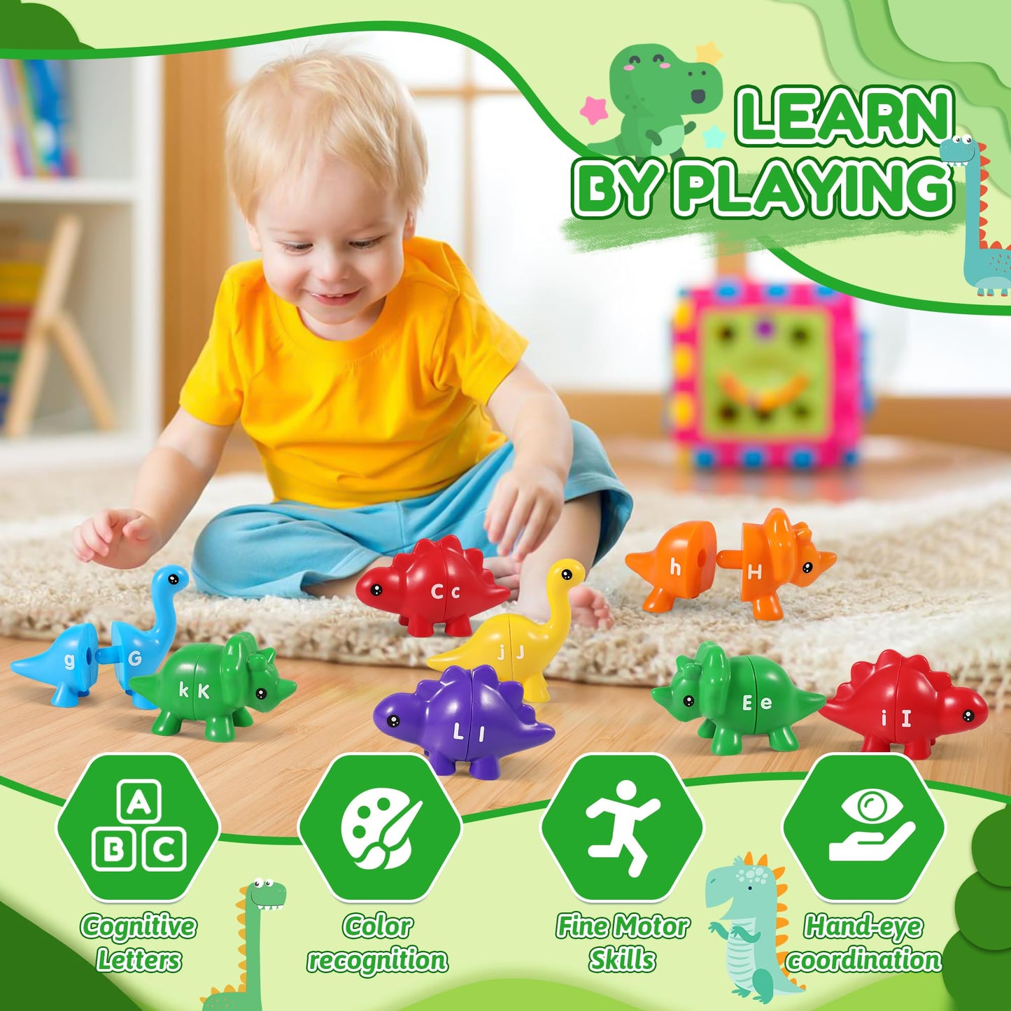 Crincy Abc Alphabet Dinosaurs Matching Learning Toy For Kids 3-5, 26Pcs Montessori Double-Sided Dinosaur Toys Match Letter, Fine