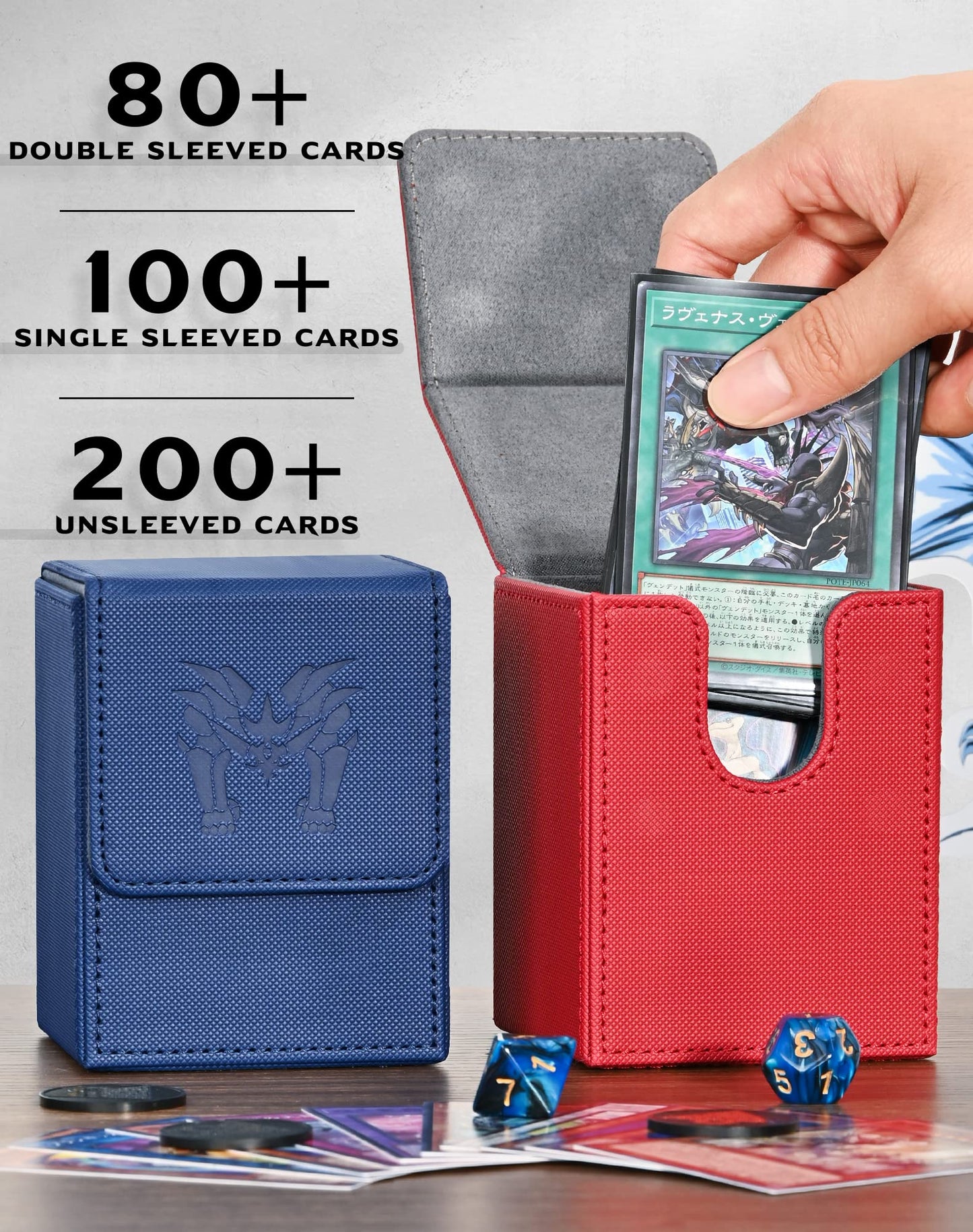 UAONO Card Deck Box for Yugioh & MTG - PU Leather, 100+ Deck Case, Red, Extinction Dragon, Includes 2 Dividers