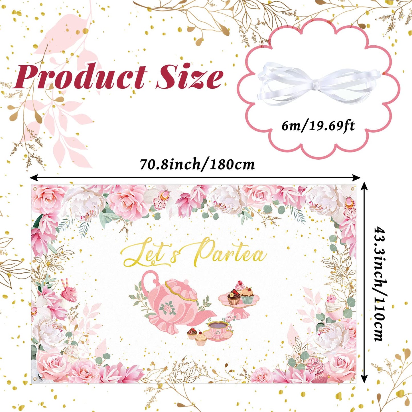 Tegeme Tea Party Backdrop Banner, 6 x 3.6 ft, White Polyester, Model HA-Tegeme-2259582, Perfect for Showers & Birthdays