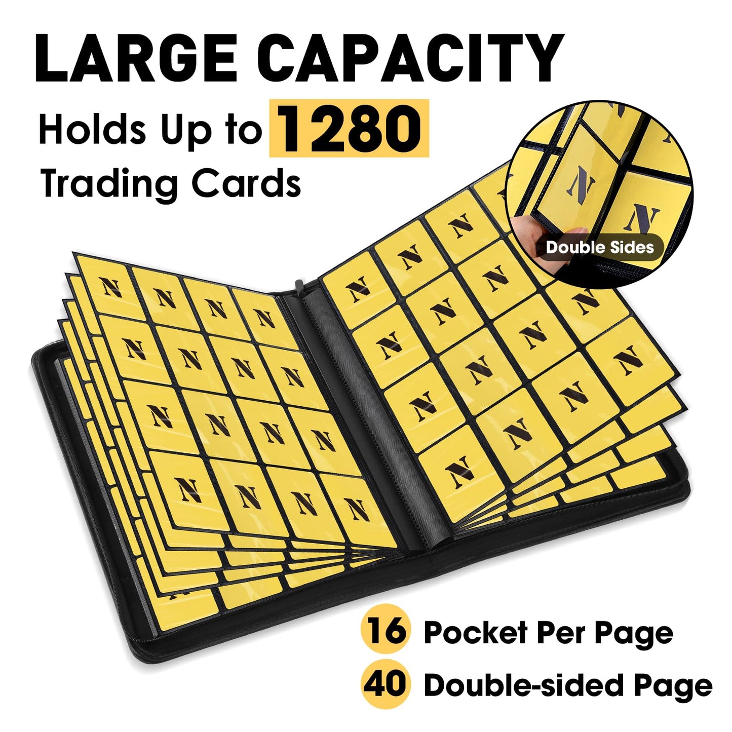 16 Pocket Card Binder 1280 Pockets Ringless Trading Card Binder enhanced Zipper Card Album Folder for TCG MTG Game&Sports Cards(BLACK)