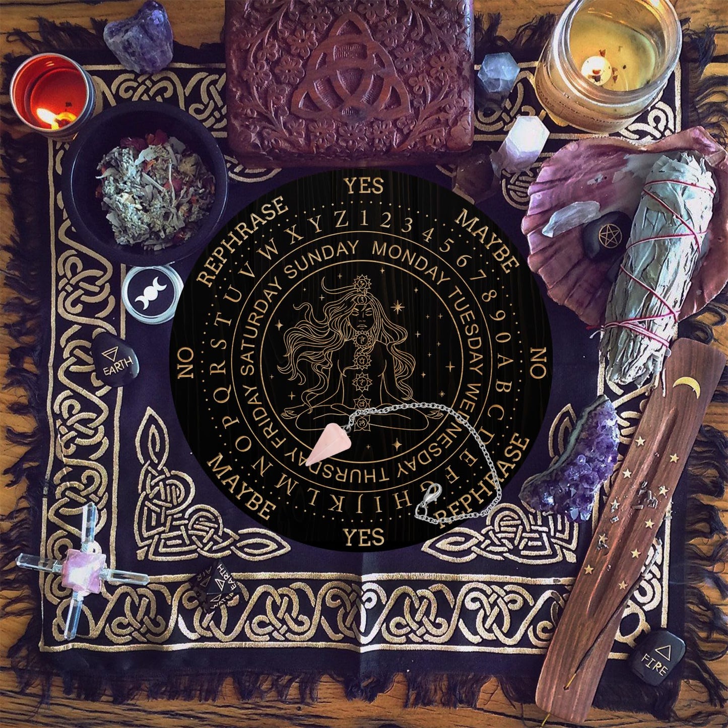 Ahandmaker Pendulum Board Set, Wooden Dowsing Divination Board Metaphysical Message Board With Crystal Pendulum Necklace For Wit