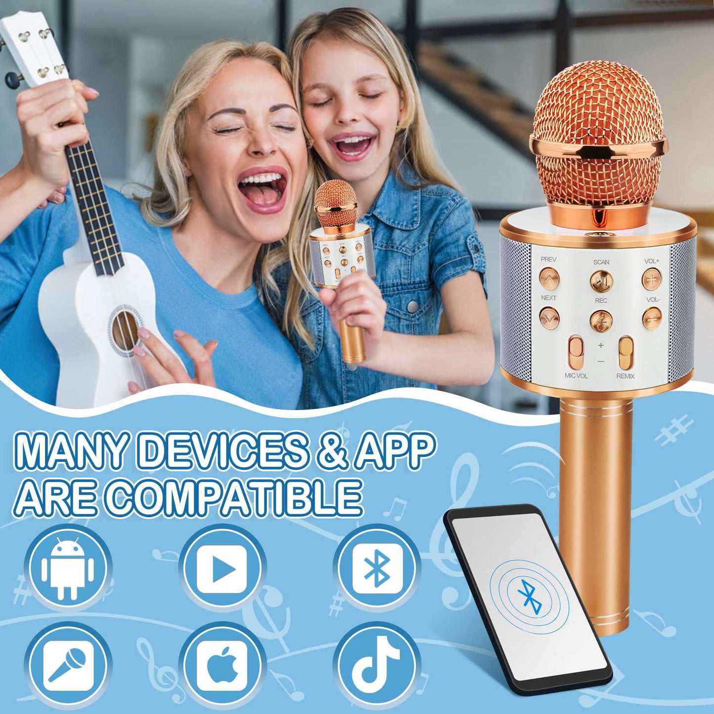 Viposoon Kids Toys For 5 6 7 8 9 Year Old Girls, Handheld Bluetooth Karaoke Microphone For Kids Gifts For Teenage Girls Christmas Birthday Gifts For 7-12 Year Old Girls Toys - Rose Gold