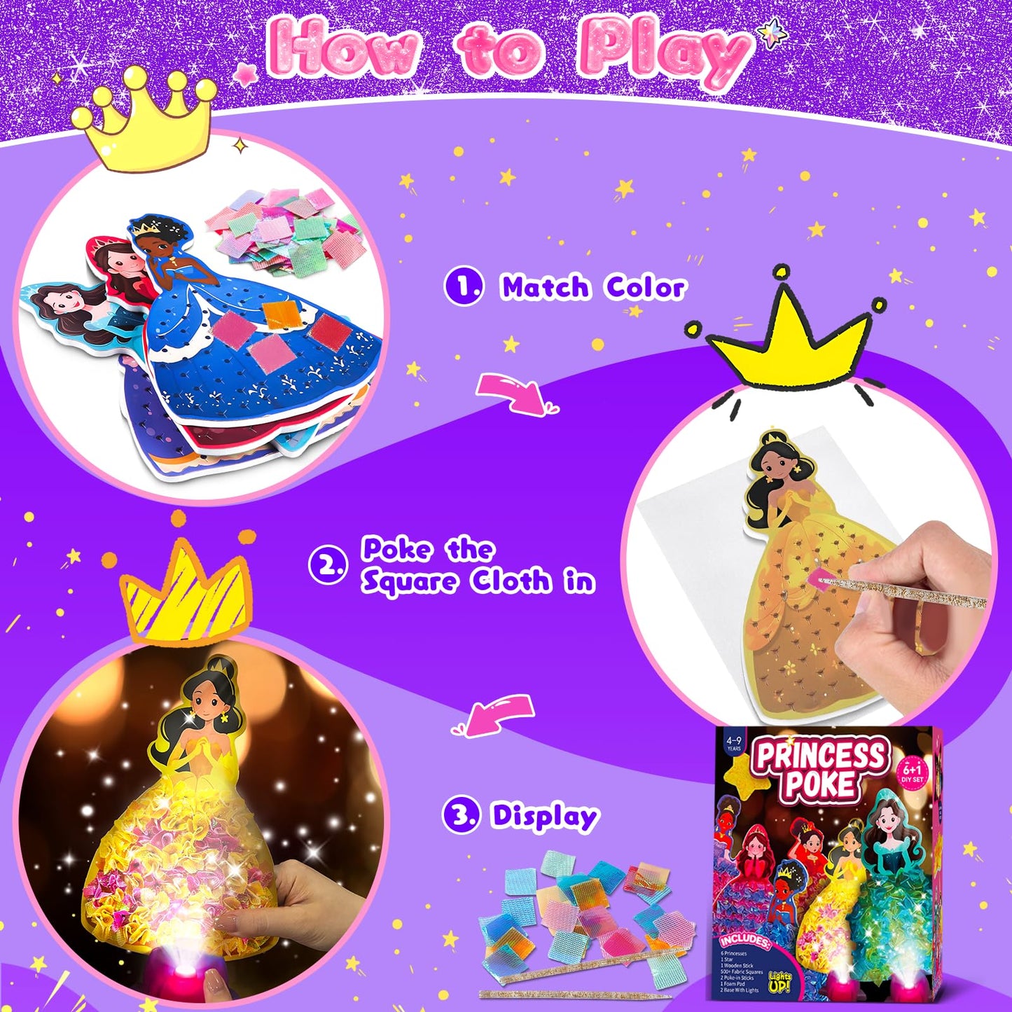 Fortand Poke-Art Crafts Kit for Kids, Princesses Craft Kits for Girls Ages 4-9 Paper Craft Kits with LED Base DIY Creative Activ