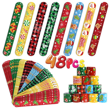 FOIMAS 48pcs Christmas Slap Bracelets,Xmas Santa Reindeer Snap Bracelet Wristband for Kids Christmas Stocking Stuffer Bag Filler