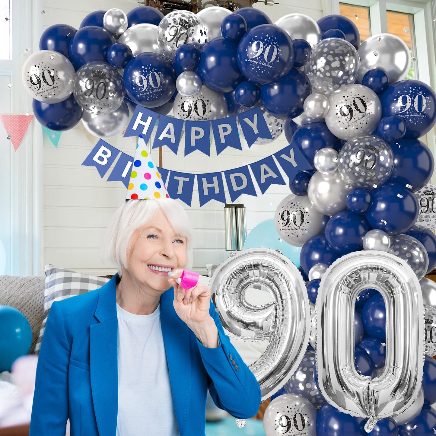 90Th Birthday Decorations Navy Blue Silver,90Th Birthday Balloon Garland Party Decorations With Number 90 Foil Balloons,Happy Bi