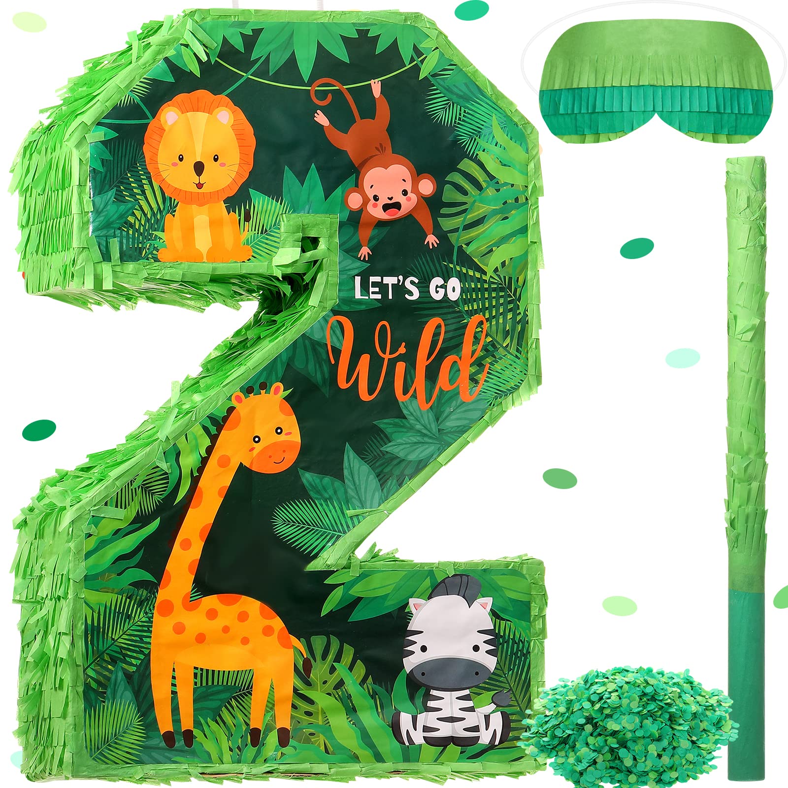 Jexine 3 Pcs 16 Inch Animal Number 2 Piata Jungle Animals Number Two Piata with Blindfold Bat and Confetti for Boy Zoo Themed 2n