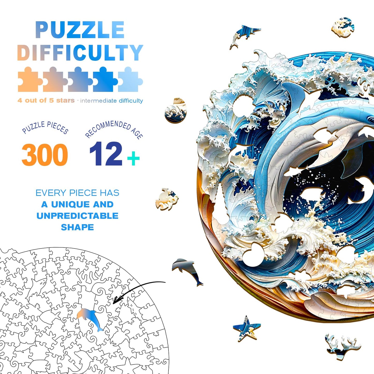 Wooden Puzzles for mature-themeds - 3D Vision Effects Dolphin Wooden Jigsaw Puzzle - Unique Animal Shaped Wood Puzzles mature-themed - Creative Birthday Gift Family Game (300pcs)