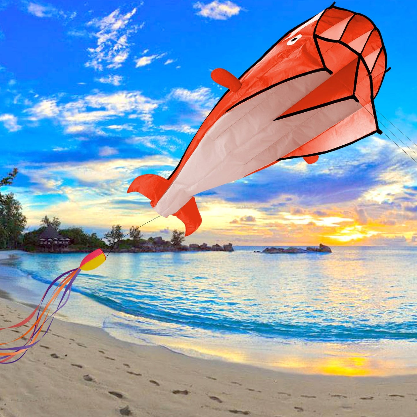 IMAGE Large 3D Orange Dolphin Kite for mature-themed  82.67in*10.62in Frameless Soft Parafoil Giant Kite Easy to Fly Beginners and Perfect for The Beach