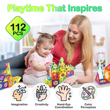 Contixo ST4 Magnetic Tiles - 112 PCs 3D Building Blocks STEM Construction Creativity, Imagination, Recreational, Educational Bui