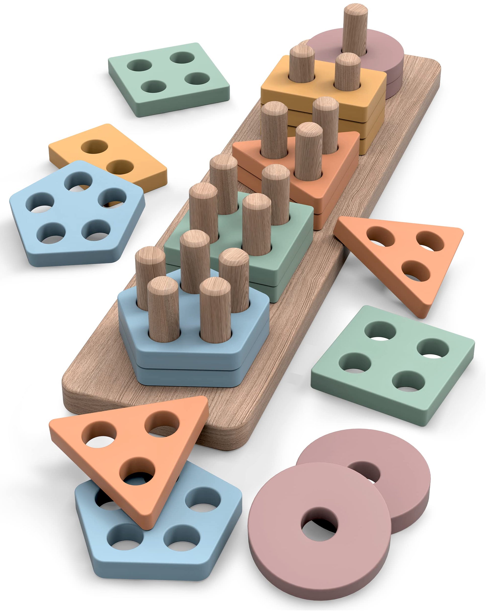 Gopo Toys Montessori Toys For 18+ Months Old - Toddlers Wooden Sorting And Stacking Toys For Baby Boys And Girls - Shape Sorter And Color Stacker Preschool Kids Wood Gifts