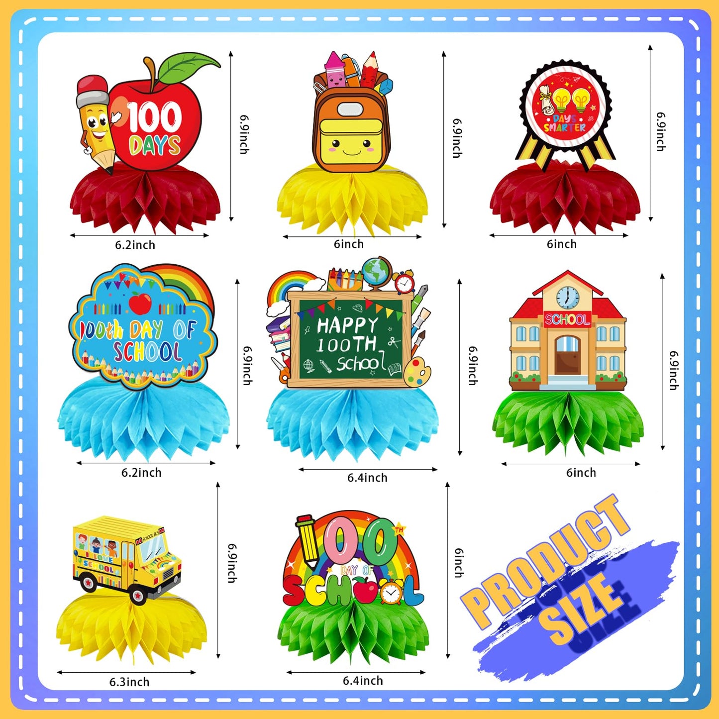 JULMELON 100th Day of School Decorations Honeycomb Centerpiece, 8 PCS Happy 100 Days Of School Centerpieces for Tables 100 Days
