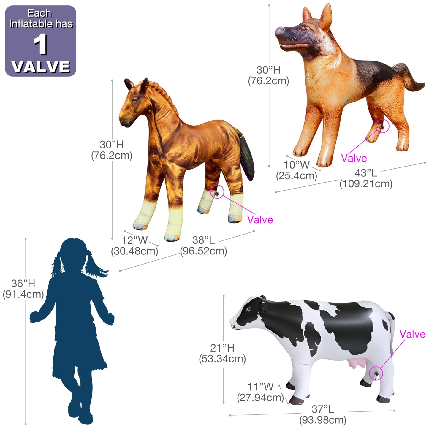 Jet Creations Inflatable Animal Trio: Cow, Horse, German Shepherd, Toy for Endless Fun Decor Party Balloons for Kids Adults Birt
