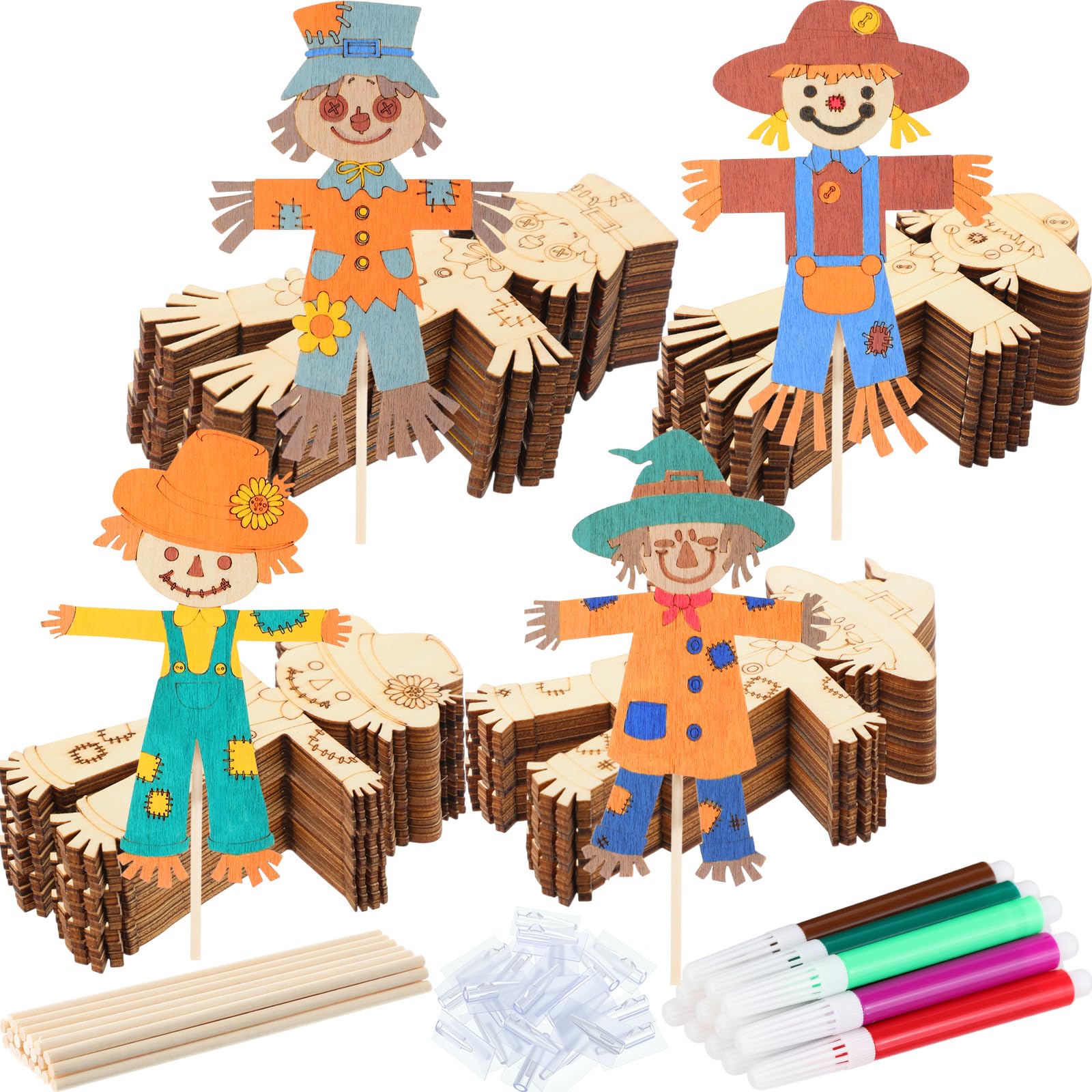 Blueweenly 24 Pcs Fall Scarecrow Painting Craft Kits for Kids DIY Scarecrow Unfinished Paintable Wood Slices Make Your Own Craft