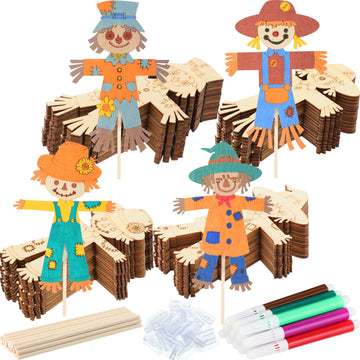 Blueweenly 24 Pcs Fall Scarecrow Painting Craft Kits for Kids DIY Scarecrow Unfinished Paintable Wood Slices Make Your Own Craft