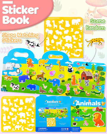 Benresive Reusable Sticker Books For Kids 2-4, Sticker Books For Toddlers 1-3, Toddler Sticker Book Age 2-4, Toddler Travel Toys Activities Crafts Gifts - Animals Sticker Book