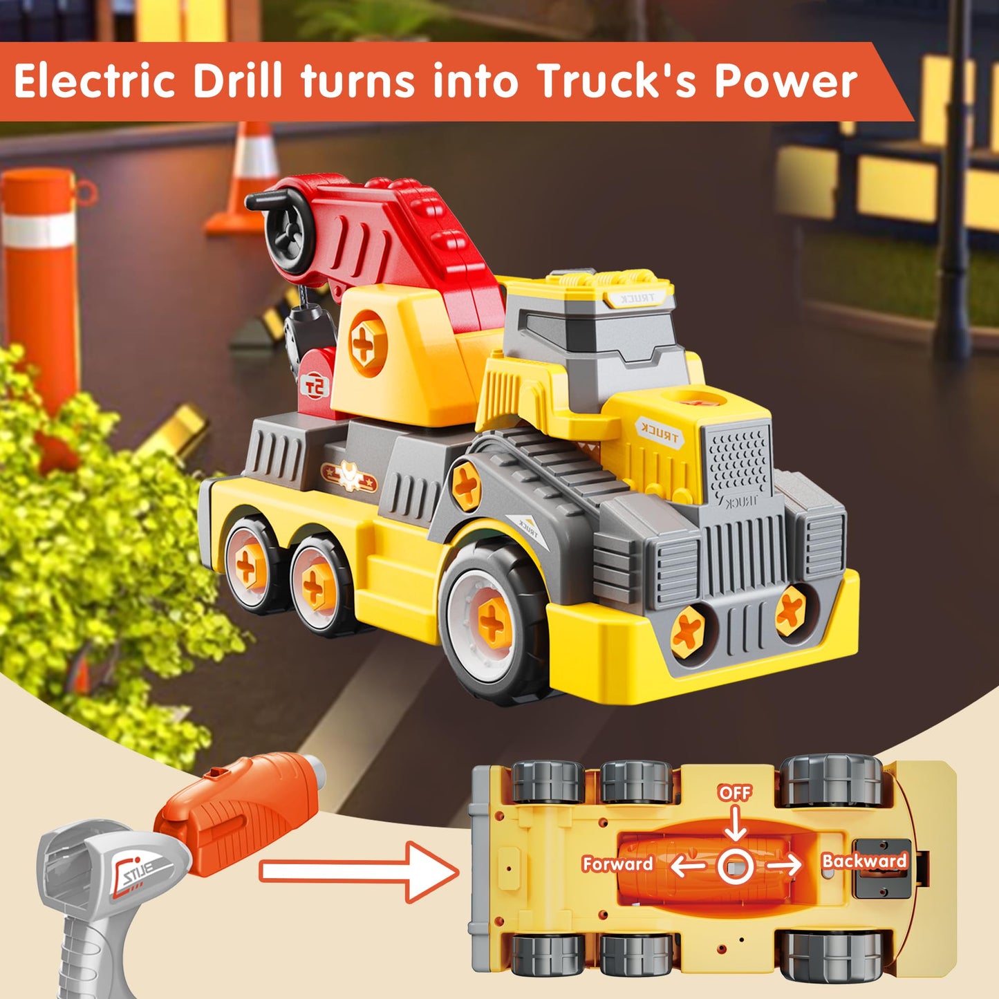 EKU EASYKU Crane Truck Take Apart Toys for Kids 3-8 Years, Electric Drill, Educational STEM Building, Plastic, Large 11 inches