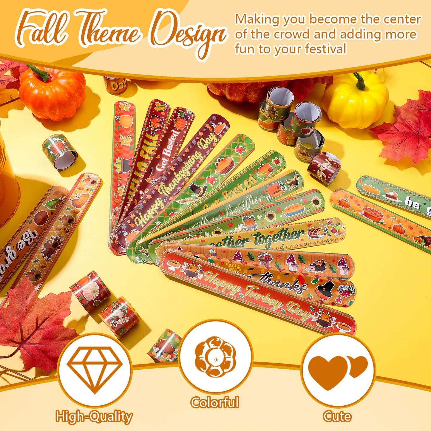 Jenaai 200 Pcs Slap Bracelets bulk Thanksgiving Maple Leaf Themed Fall Holiday Wristbands Turkey Snap Bracelets Autumn Slap Band