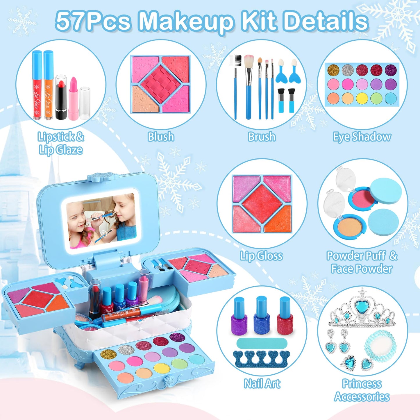 Yasinkidz 57 In 1 Kids Makeup Kit With 3-Color Led Mirror, Real Washable, Perfect Girl Birthday Gift, Age 3+