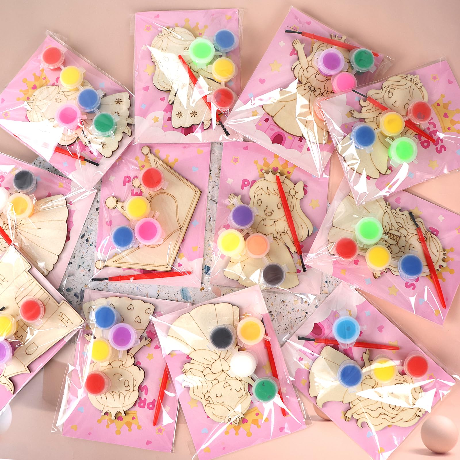 LARDUX Princess Party Favors, 24PCS DIY Wooden Arts & Crafts Painting Kit for Kids, Glow in The Dark Party Favors Family Crafts 