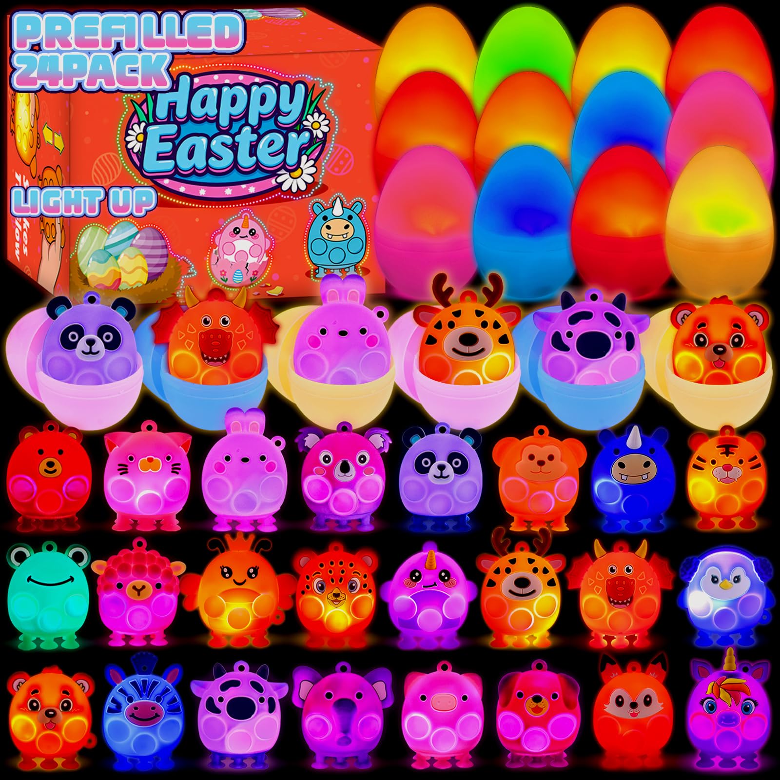 ChildFun Prefilled Easter Eggs with Light Up 3D Animal Pop Toys, 24 Pack Easter Eggs Filled, Easter Basket Stuffers for Toddler 
