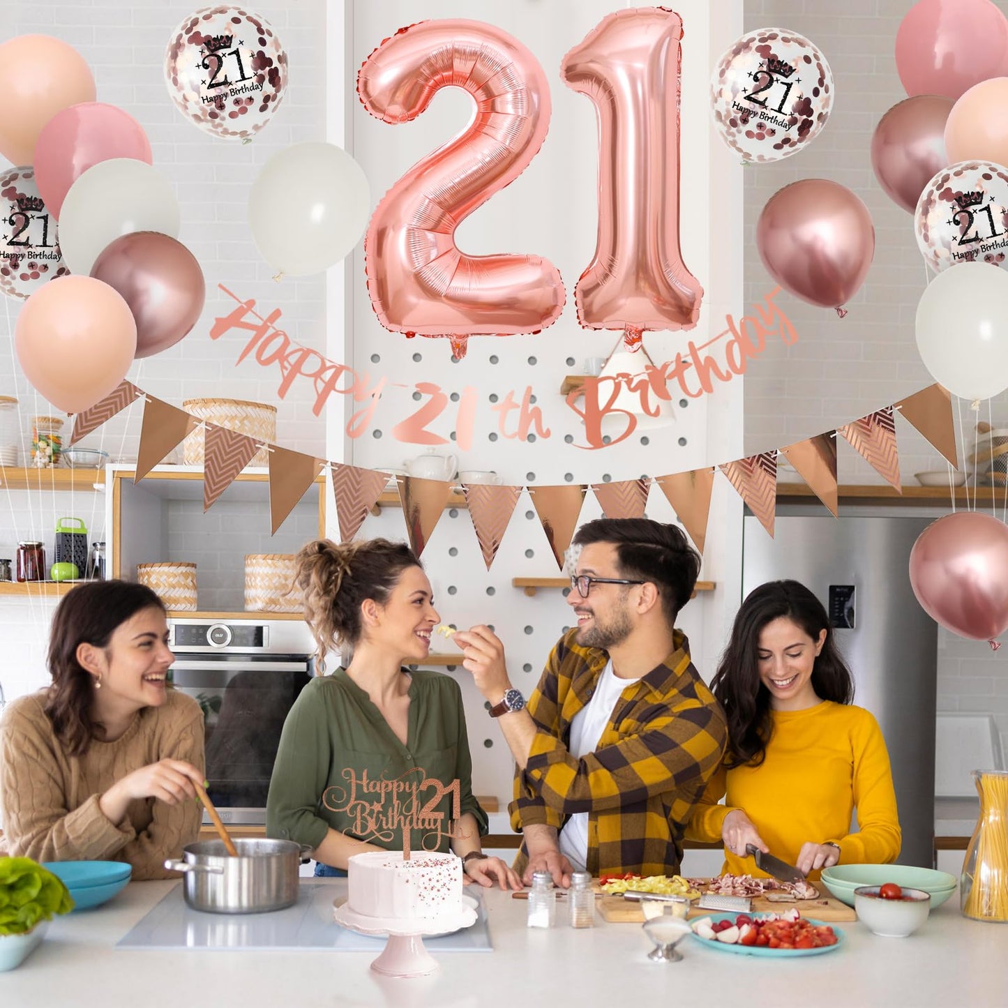 21Th Birthday Decorations Retro Pink Rose Gold,21Th Birthday Balloons,Happy 21Th Birthday Banner With Cake Toppers Number 21 Bal