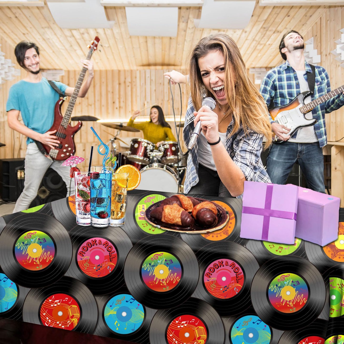 3Pcs Rock And Roll Party Tablecloth, 1950'S Rock And Roll Music Party Decorations Plastic Rectangular Record Table Covers For 50