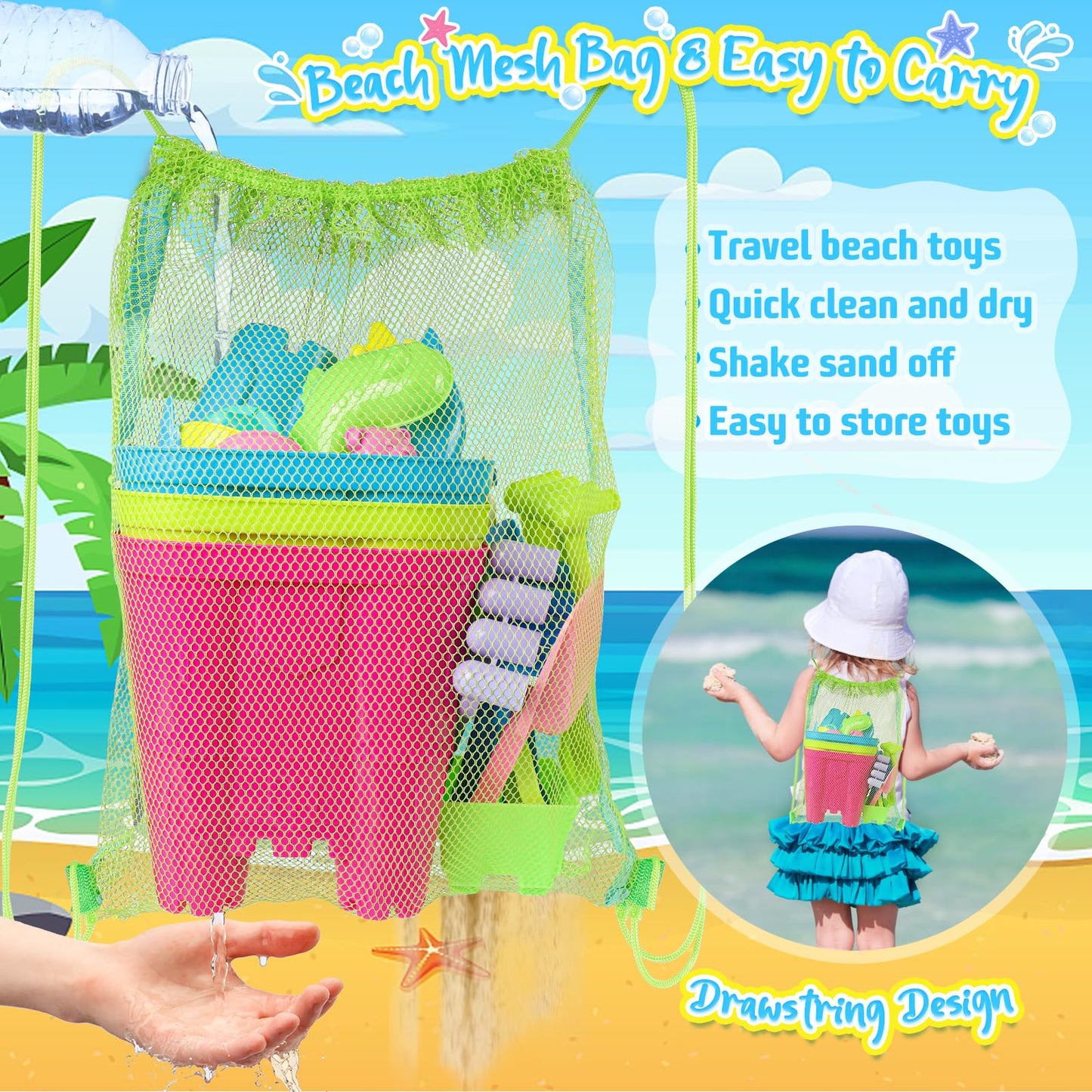 Kubusfly Beach Toys For Toddlers, Sand Castle Toys With 3 Sand Bucket, 6 Sand Shovels, Mesh Bag & Sand Molds Travel Sand Toys Fo