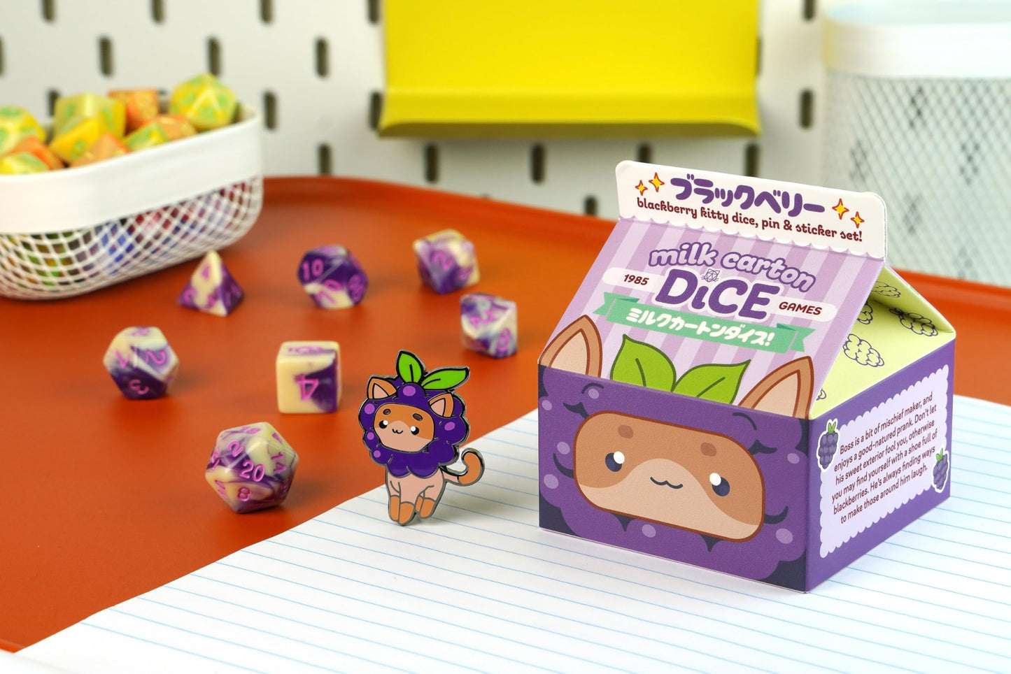 1985 Games Kawaii Cat Dice Set - Acrylic, 2.75 cm, Blackberry, Milk Carton-Inspired for DND & TTRPGs