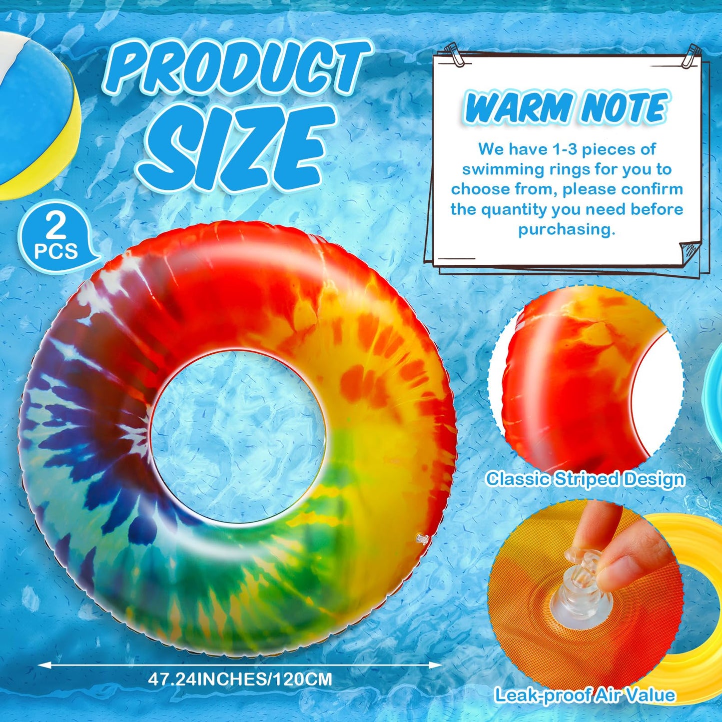 Simgoing 2 Pcs Jumbo Inflatable Pool Floats Rings  Tie Dye Tube Float 47.24 Inch Large Colorful mature-themed Floaties Rainbow Swimming Ring Water Floaty Toy for mature-themed Summer Pool Beach Party Supplies