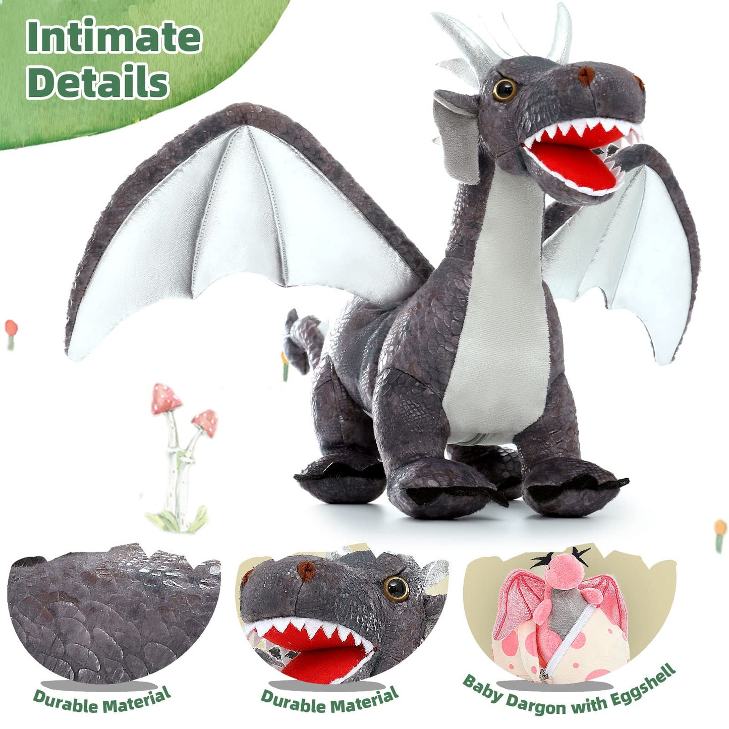 Muiteiur Large Grey Dragon Stuffed Animal Set, 21.6 Inch Mommy Dragon with 4 Babies & 2 Eggs, Soft Polyester Plush Toy for Kids