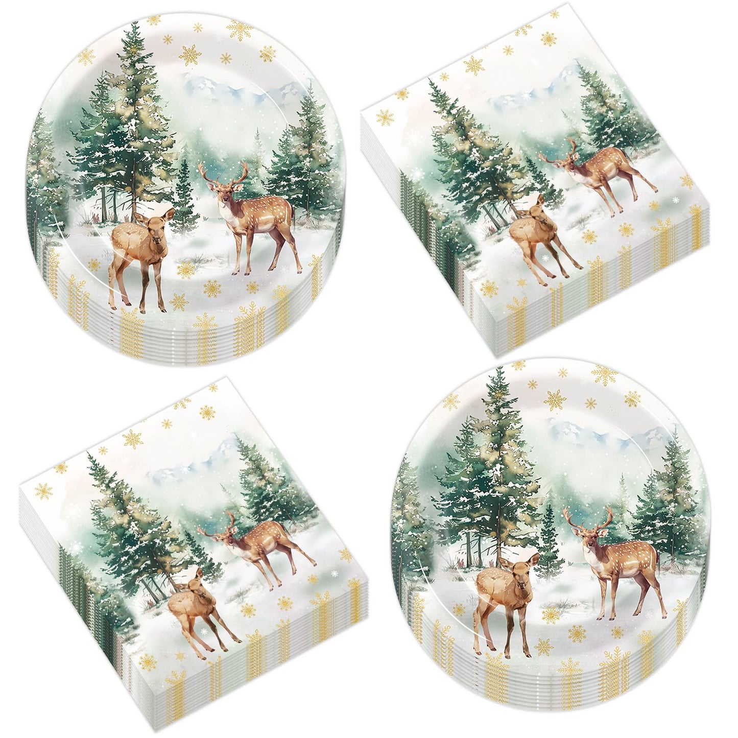 50Pcs Christmas Reindeer Paper Plates and Napkins Watercolor Deer Snow Pine Trees Snowflakes Table Decoration Winter Woodland Di