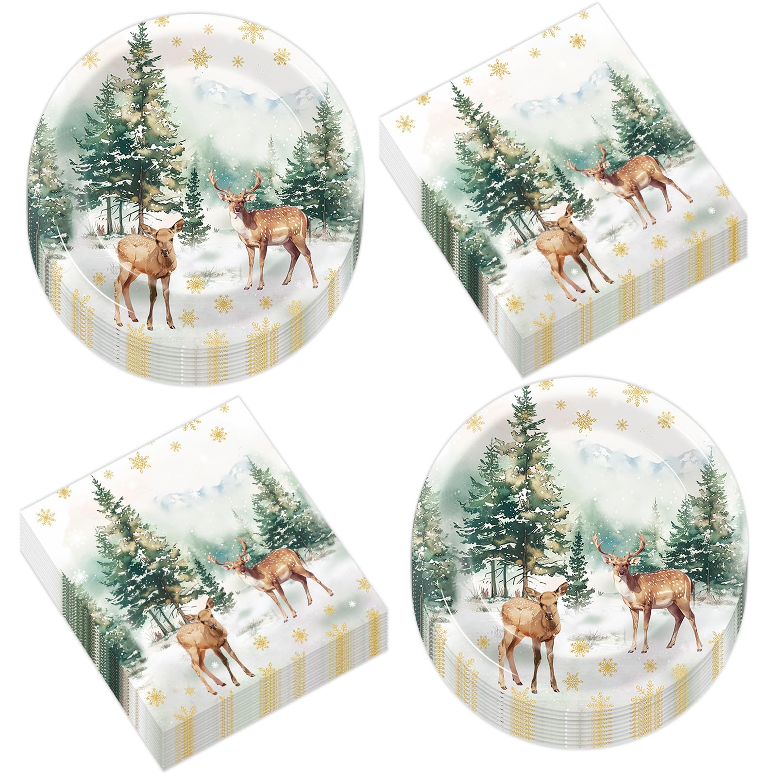 50Pcs Christmas Reindeer Paper Plates and Napkins Watercolor Deer Snow Pine Trees Snowflakes Table Decoration Winter Woodland Di