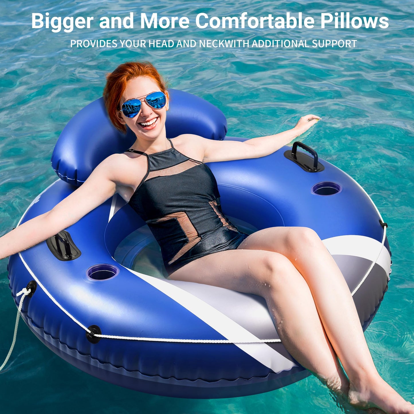 Pafolo Heavy Duty River Tubes - 53" Inflatable Pool Float, Blue and Grey, Large, Mesh Bottom for Beach Lake Rafting