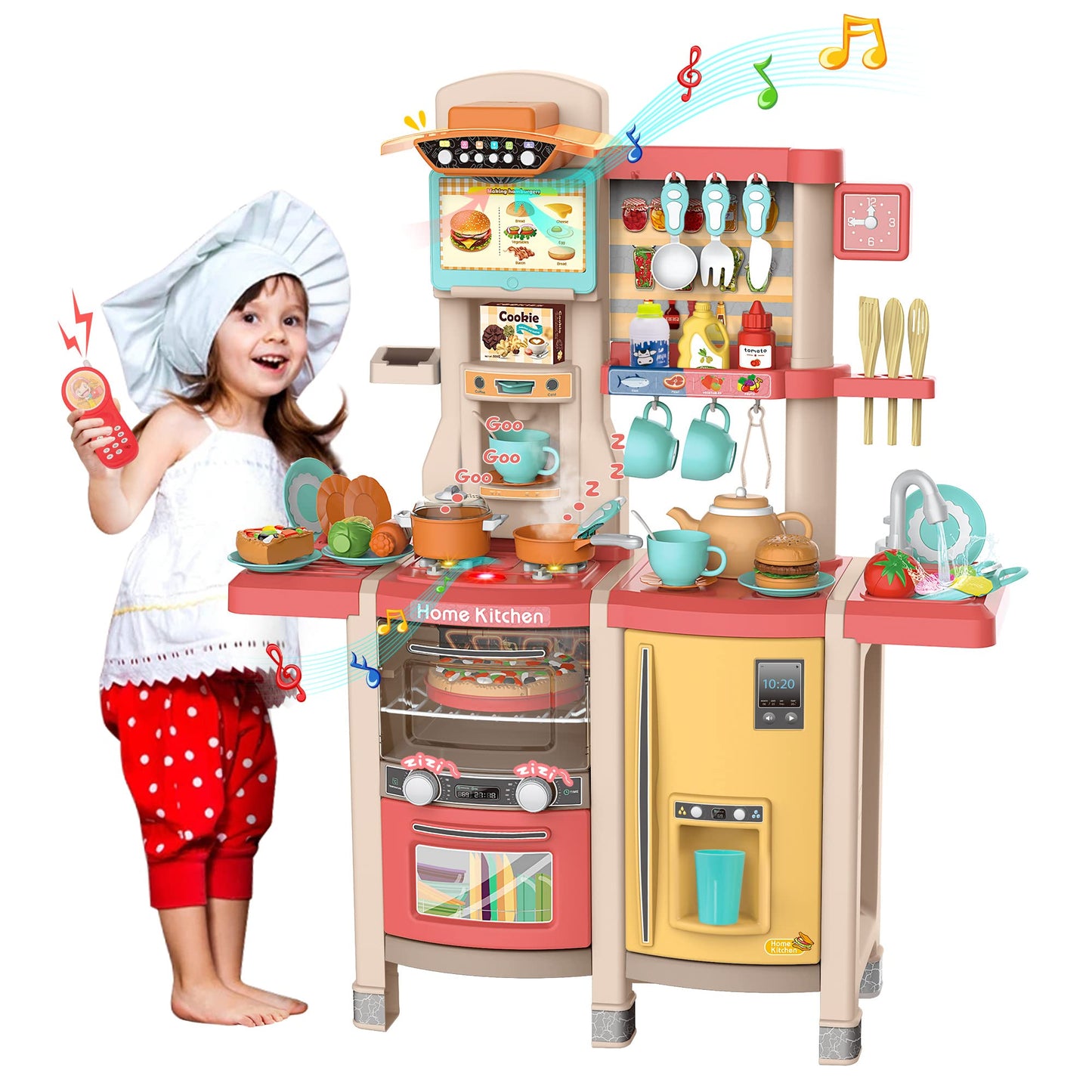 Kids Play Kitchen,Kitchen Playset with 65pcs Kitchen Toys for Toddlers,Play House Accessories with Spray Stove, Simulated Steam,