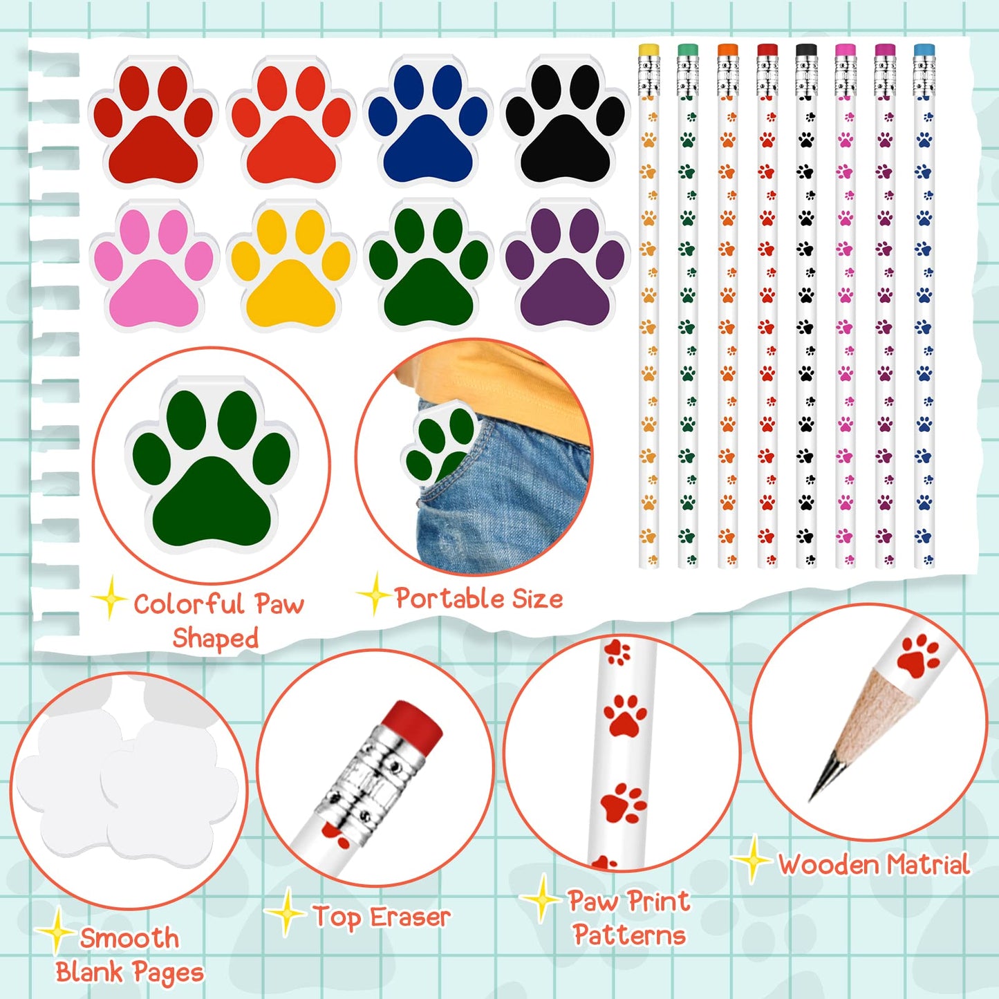 Weecent 32 Pcs Party Favors Kids Stationery Include 8 Colors Paw Print Pencil and Notpads Colorful Wooden Writing Pencils and Sm