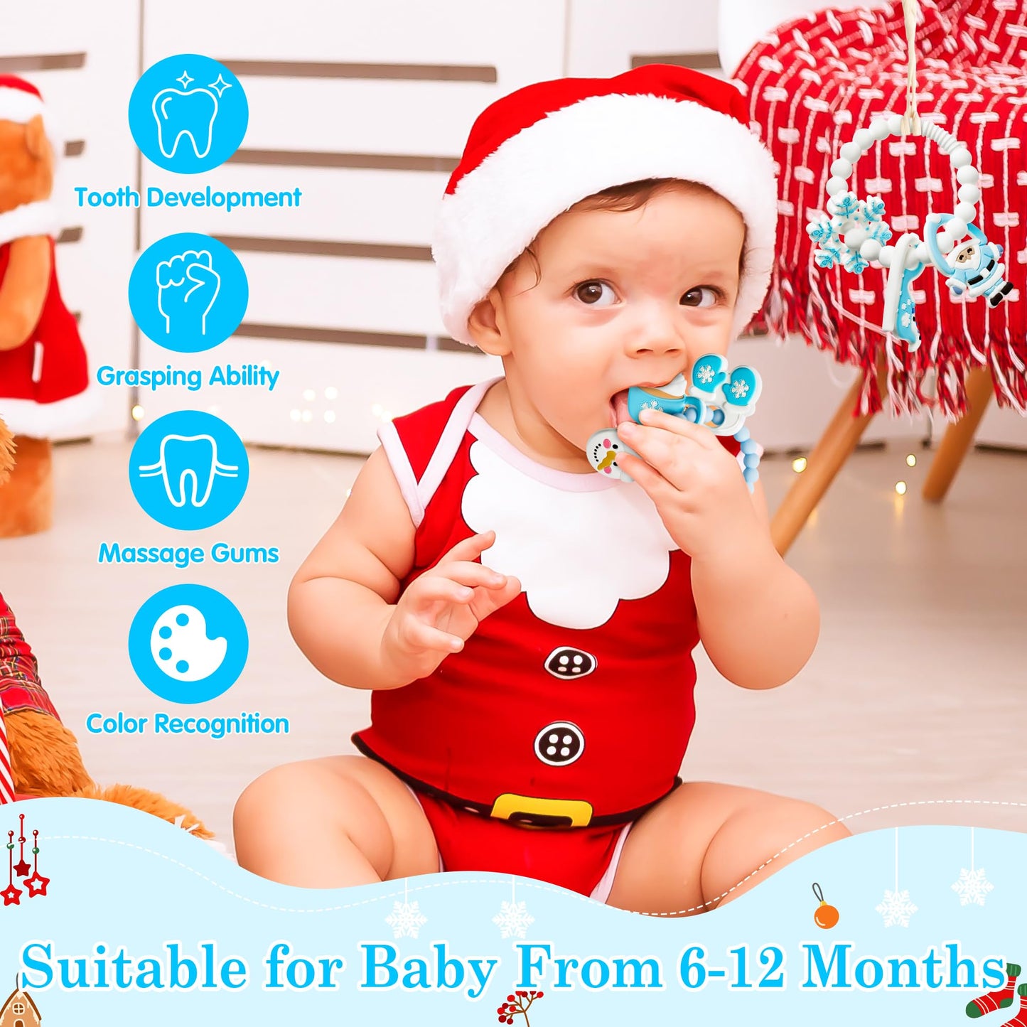 2Pcs Christmas Baby Silicone Teething Toys - Santa and Sleigh Ring, Soft Snowman Snowflake Teether for Toddlers - Chew Toy Gifts