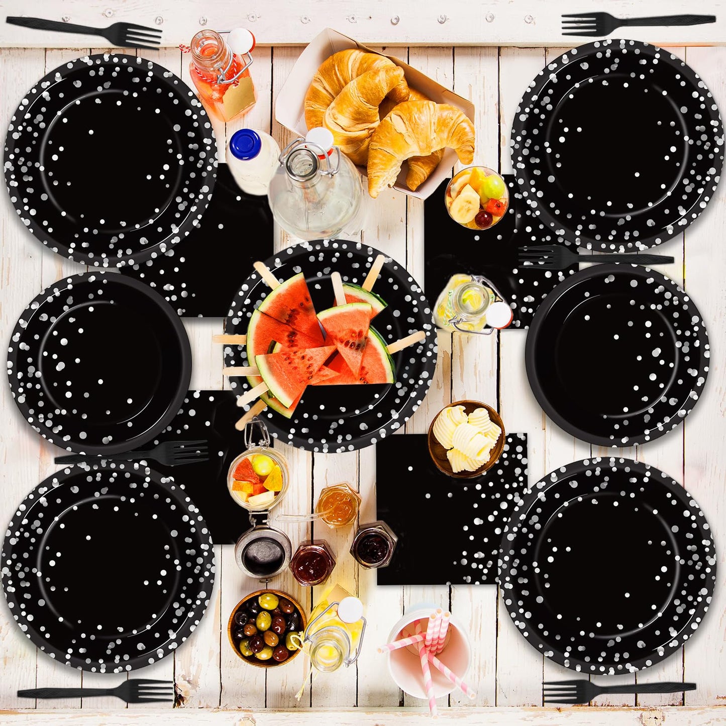 96 Pcs Black And Silver Party Supplies Paper Plates Napkins Silver Dot On Black Party Birthday Tableware Kit Black And White Bir