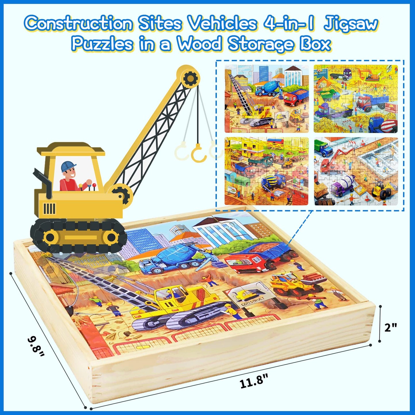 Wooden Puzzles For Kids Ages 4-8, Construction Sites Vehicles 4-In-1 Jigsaw Puzzles In A Wood Storage Box, 24 48 60 88 Pieces Co